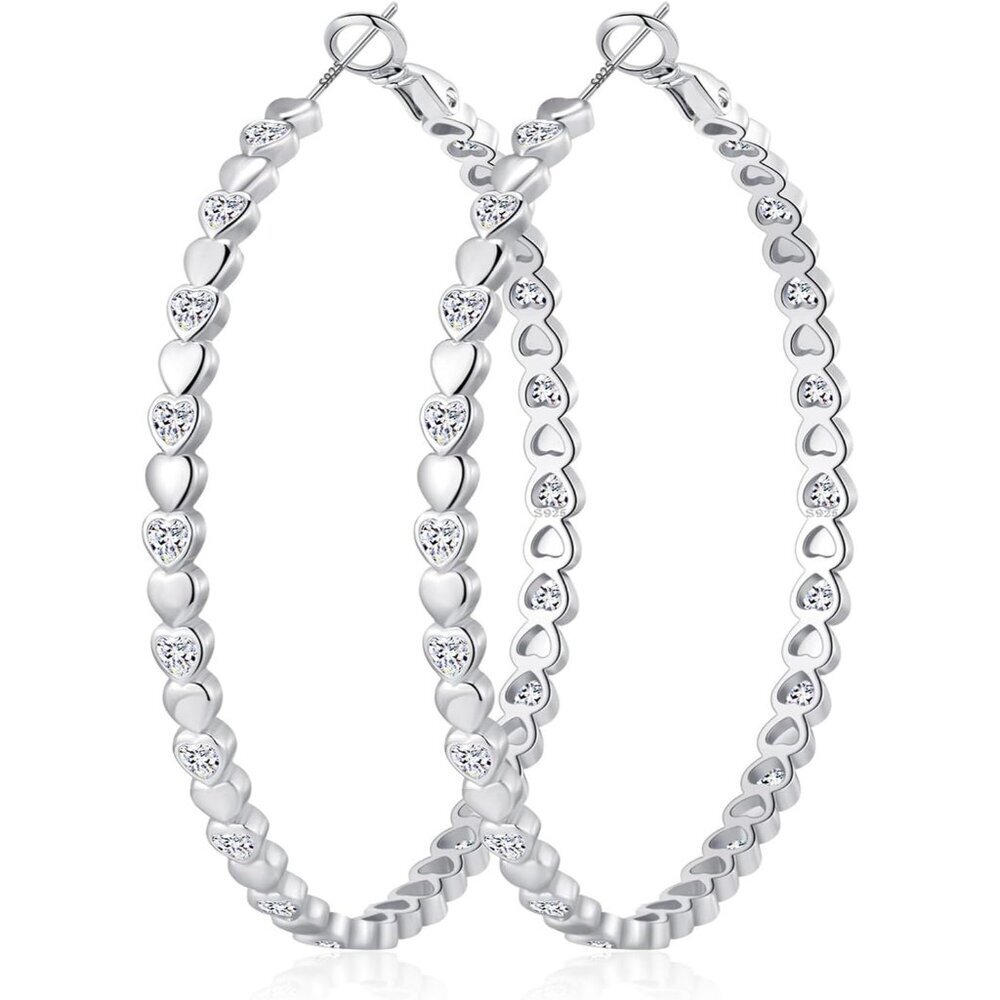 925 Silver-50mm Heart Cubic Zirconia Large Rhinestone Hoop Earrings for Womens